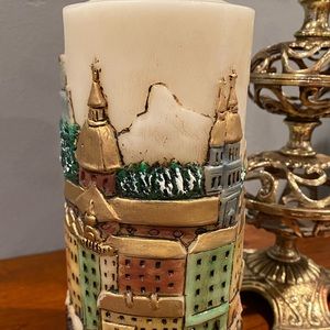 Vintage Pillar Candle MCM City/Town Scene Mid Century Modern Painted